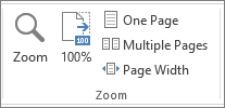 กลุ่ม Zoom ในแท็บ View ของ Word มีปุ่ม Zoom, 100%, One Page, Multiple Pages และ Page Width
