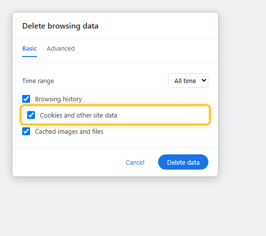 หน้าต่าง Delete browsing data ใน Chrome ติ๊กเลือก Cookies and other site data แล้วกด Delete data