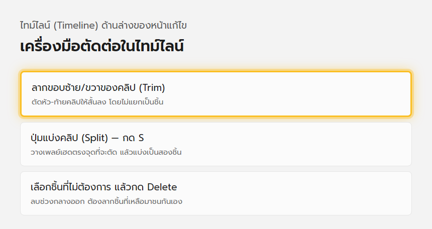 แถบไทม์ไลน์ของ Clipchamp แสดงคลิปที่เลือกมีจุดลากขอบสำหรับ Trim และปุ่มแบ่งคลิปรูปกรรไกรสำหรับ Split