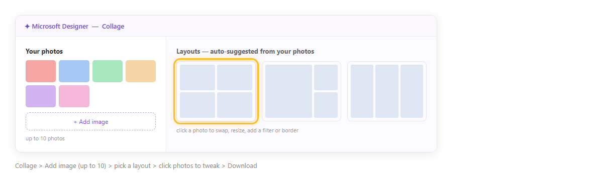 หน้า Collage ของ Microsoft Designer อัปโหลดรูปหลายใบทางซ้าย และเลย์เอาต์ที่ AI จัดให้เลือกทางขวา