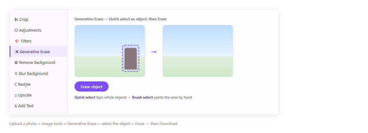 เครื่องมือแต่งรูปใน Microsoft Designer เลือก Generative Erase เลือกวัตถุในรูปแล้วกด Erase Object เพื่อลบออกและเติมพื้นหลัง