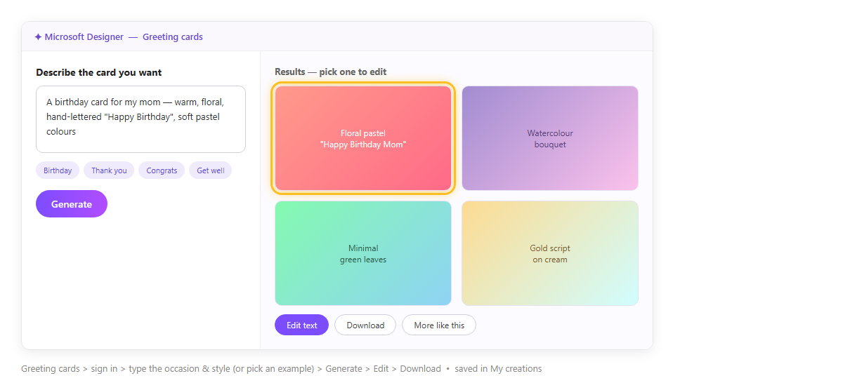 หน้า Greeting cards ของ Microsoft Designer มีช่องพิมพ์บรรยายการ์ด ปุ่ม Generate และการ์ดตัวอย่างหลายแบบให้เลือกแก้และดาวน์โหลด