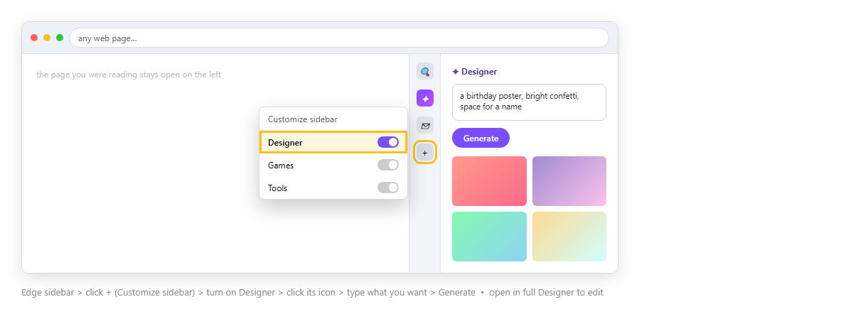 Microsoft Edge เปิดแถบข้างที่มี Designer พร้อมช่องพิมพ์และปุ่ม Generate และเมนู Customize sidebar ที่เปิดสวิตช์ Designer