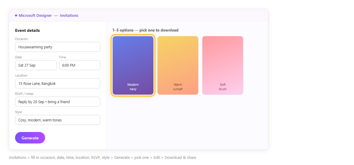หน้า Invitations ของ Microsoft Designer มีช่องกรอกโอกาส วันที่ เวลา สถานที่ RSVP และสไตล์ กับการ์ดเชิญตัวอย่างหลายแบบ