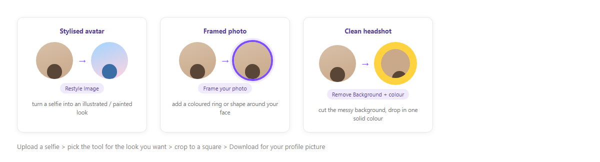 3 แบบรูปโปรไฟล์จาก Microsoft Designer - อวตารสไตล์วาดด้วย Restyle แบบใส่กรอบด้วย Frame your photo และแบบเคลียร์พื้นหลังใส่สีพื้นเดียว