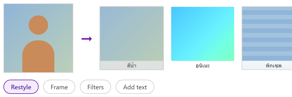 รูปถ่ายถูกรีสไตล์เป็นสามแบบ สีน้ำ อนิเมะ พิกเซล ในโหมด Edit ของ Microsoft Designer พร้อมแท็บ Restyle, Frame, Filters, Add text