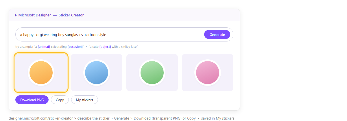 หน้า Sticker Creator ของ Microsoft Designer มีช่องพิมพ์บรรยายสติกเกอร์ ปุ่ม Generate และสติกเกอร์ผลลัพธ์พื้นหลังใสหลายแบบ