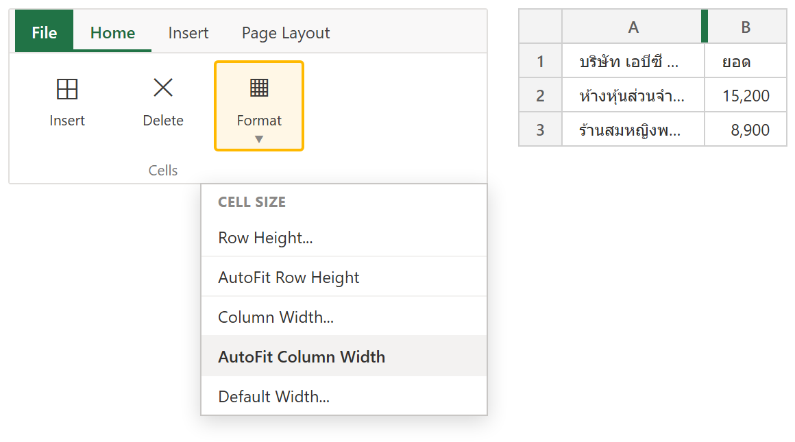 เมนู Home > Cells > Format ของ Excel แสดง AutoFit Column Width และตารางที่ข้อความในคอลัมน์ถูกตัด” width=”1160″ height=”645″ /></p>
<p><em>ภาพจำลองเมนู Format > Cell Size และคอลัมน์ที่ข้อความถูกตัด</em></p>
<h2>ทางเมนู (ทำหลายคอลัมน์ที่เลือก)</h2>
<div class=