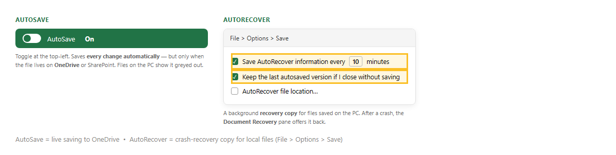 เทียบ AutoSave ที่เป็นสวิตช์มุมซ้ายบนสำหรับไฟล์ OneDrive กับ AutoRecover ในหน้า File Options Save ที่ตั้งบันทึกทุก 10 นาที