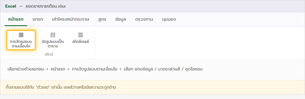 ริบบอนแท็บหน้าแรกของ Excel เน้นเมนูการจัดรูปแบบตามเงื่อนไข ที่มีแถบข้อมูล มาตราส่วนสี และชุดไอคอน