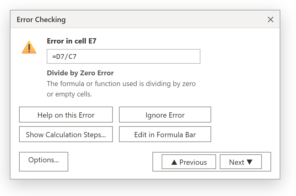 กล่อง Error Checking ใน Excel แสดง Divide by Zero Error ที่เซลล์ E7 พร้อมปุ่ม Ignore Error, Edit in Formula Bar, Next