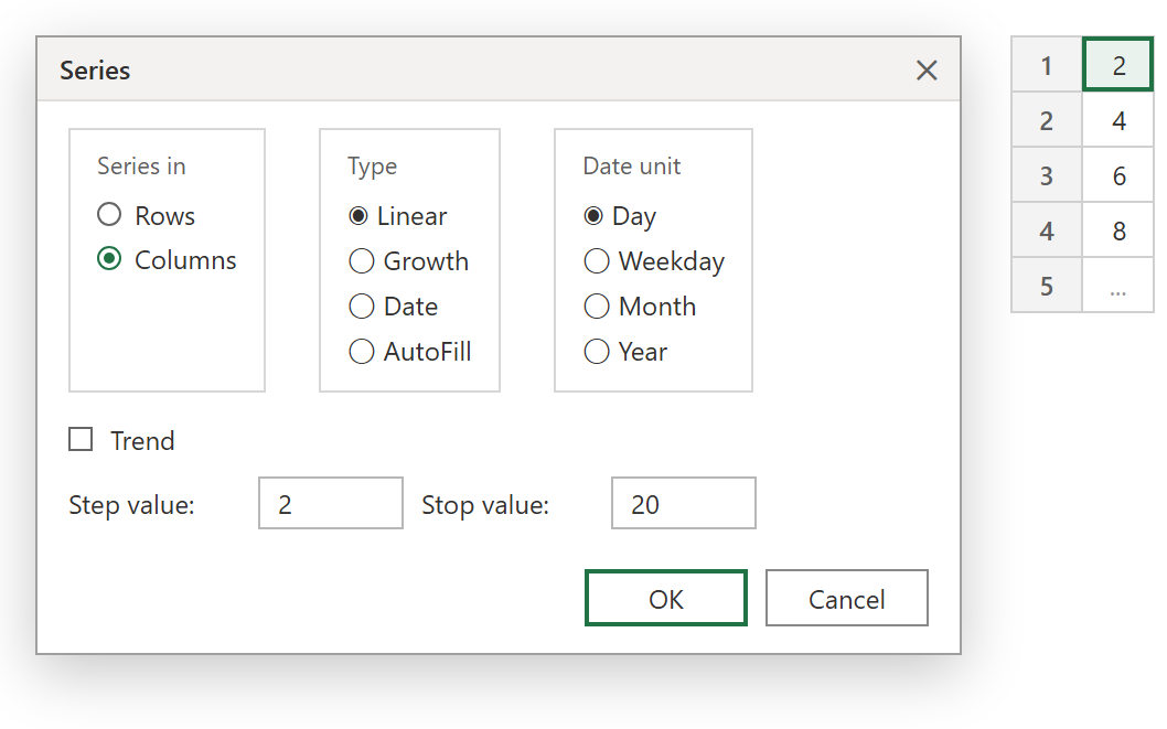 กล่อง Series ใน Excel ตั้ง Type เป็น Linear, Step value 2, Stop value 20 พร้อมผลลัพธ์ 2 4 6 8