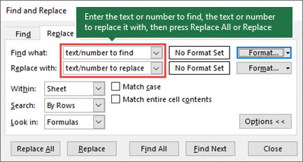 หน้าต่าง Find and Replace ใน Excel กรอกข้อความที่ต้องการค้นหาและข้อความที่จะแทนที่ แล้วกด Replace All