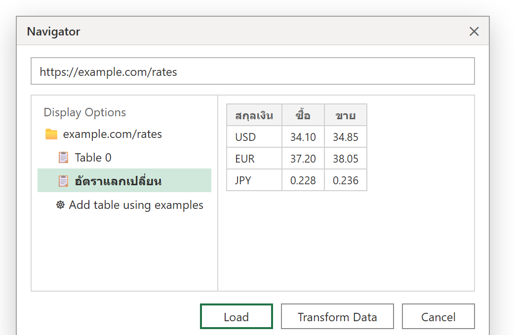 หน้าต่าง Navigator ของ Excel แสดงรายการตารางที่ดึงจากเว็บ พร้อมตัวอย่างตารางอัตราแลกเปลี่ยนและปุ่ม Load, Transform Data