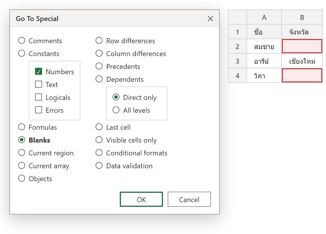 กล่อง Go To Special ใน Excel เลือกตัวเลือก Blanks พร้อมตารางที่ช่องว่างถูกเลือก