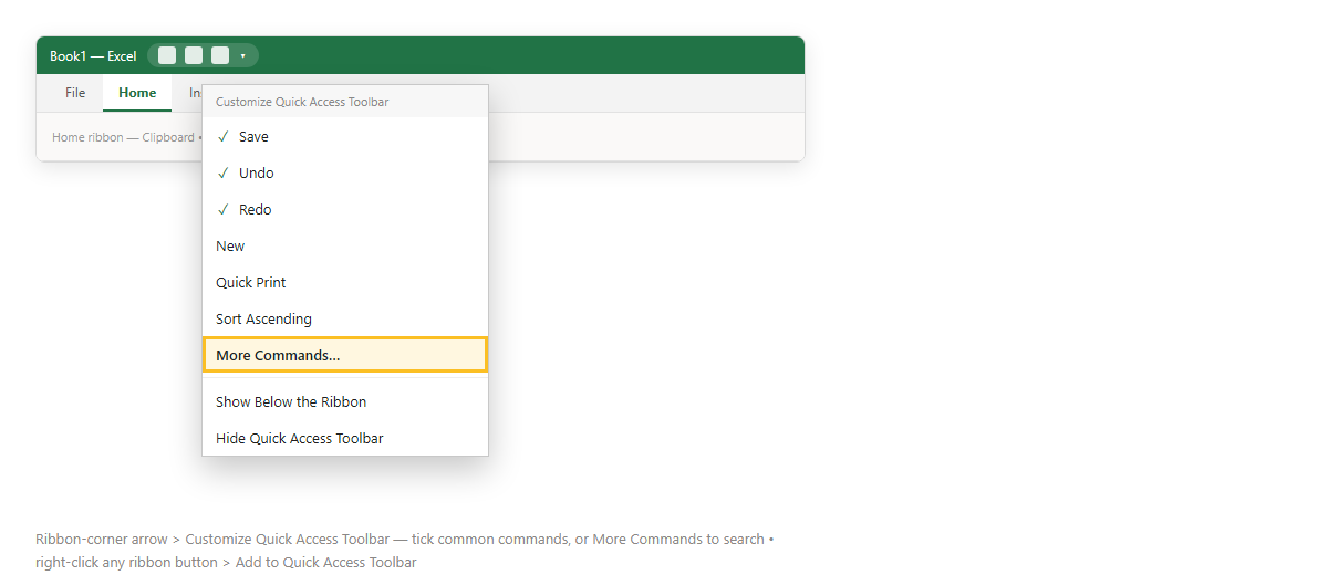 หน้าต่าง Excel กับเมนู Customize Quick Access Toolbar เปิดอยู่ มีคำสั่ง Save Undo Redo Quick Print และ More Commands