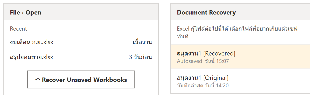 หน้า File Open ของ Excel มีปุ่ม Recover Unsaved Workbooks และแถบ Document Recovery แสดงไฟล์เวอร์ชัน Recovered กับ Original