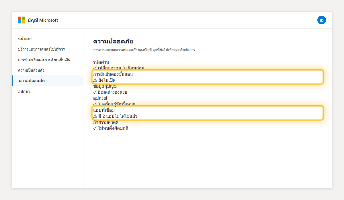 หน้าภาพรวมความปลอดภัยบัญชี Microsoft แสดงจุดที่ยังต้องจัดการ