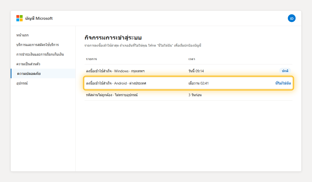 หน้ากิจกรรมการเข้าสู่ระบบบัญชี Microsoft เน้นรายการที่น่าสงสัยและลิงก์นี่ไม่ใช่ฉัน
