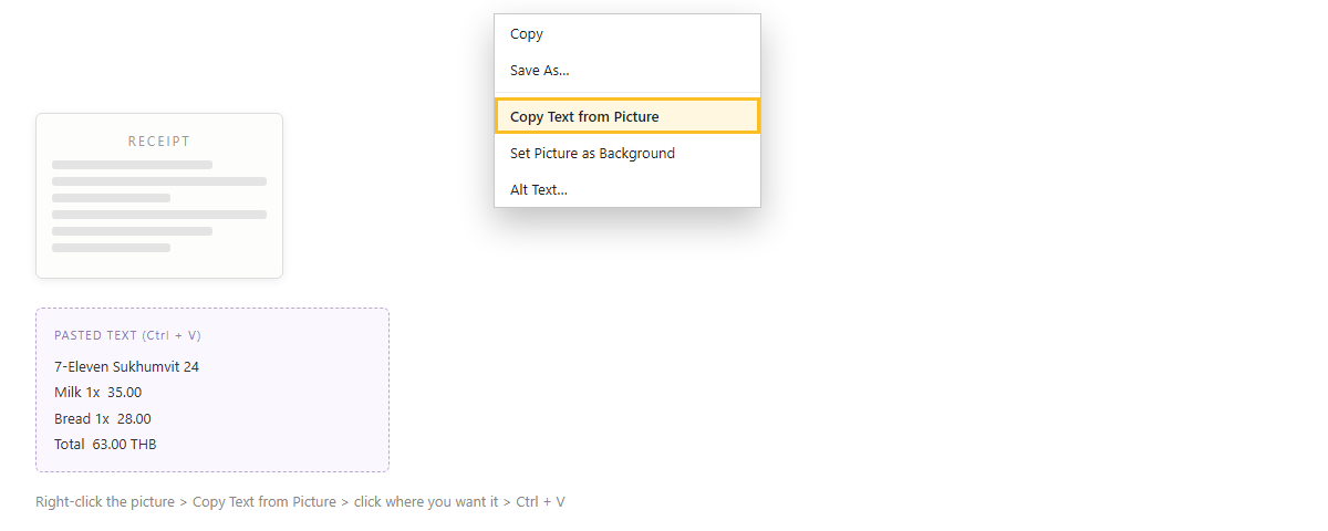 คลิกขวาที่รูปใน OneNote แล้วเลือก Copy Text from Picture ได้ข้อความจากใบเสร็จมาวางเป็นตัวอักษรที่แก้ไขได้