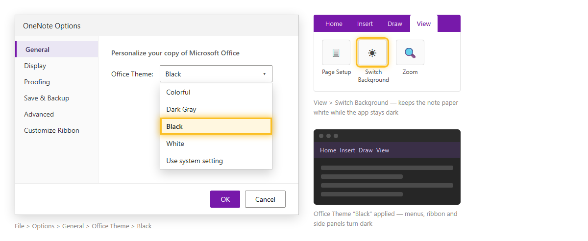 หน้าต่าง OneNote Options หมวด General ช่อง Office Theme เลือก Black และปุ่ม Switch Background ในแท็บ View