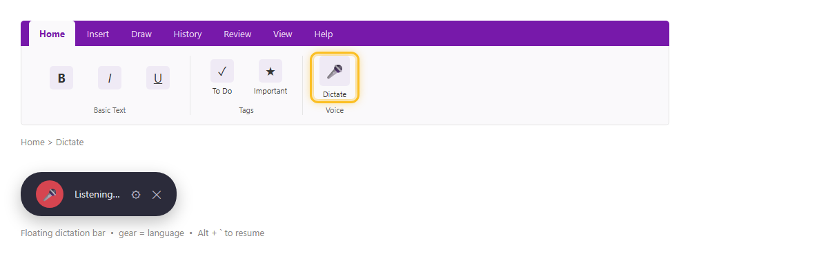 ปุ่ม Dictate ในแท็บ Home ของ OneNote พร้อมแถบลอยแสดงสถานะกำลังฟังเสียง ไอคอนเฟืองสำหรับตั้งภาษา