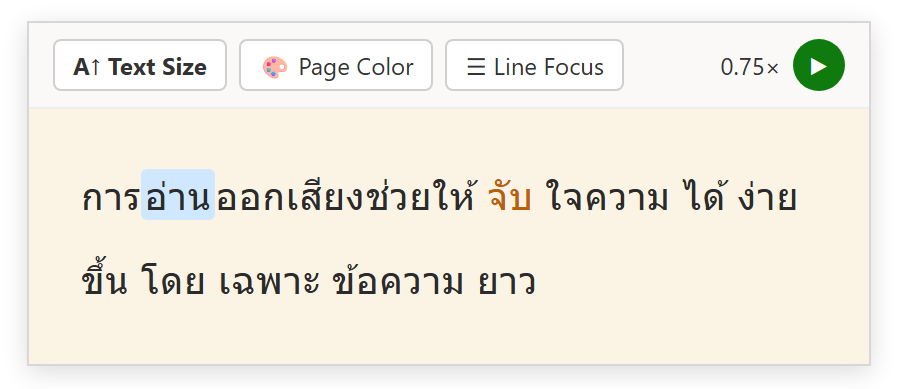 โหมด Immersive Reader ใน OneNote พื้นหลังสีครีม ตัวอักษรใหญ่เว้นระยะ มีแถบ Text Size, Page Color, Line Focus และปุ่มเล่นเสียง