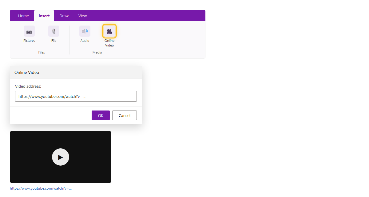 ปุ่ม Online Video ในแท็บ Insert ของ OneNote กับกล่อง Online Video ให้วางลิงก์ และตัวเล่นวิดีโอที่ฝังลงในหน้า