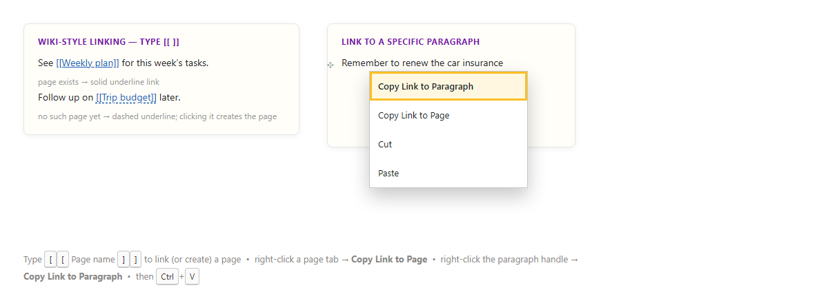 การพิมพ์ [[ชื่อหน้า]] ใน OneNote ได้ลิงก์เส้นทึบเมื่อมีหน้าอยู่แล้ว และเส้นประเมื่อยังไม่มี กับเมนูคลิกขวา Copy Link to Paragraph