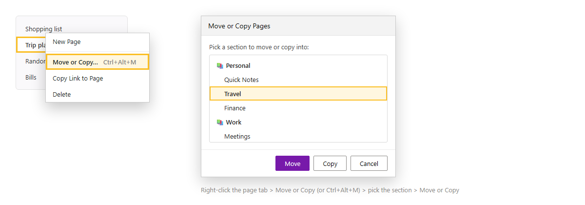 เมนูคลิกขวาที่แท็บหน้าใน OneNote เลือก Move or Copy และกล่อง Move or Copy Pages ให้เลือกส่วนปลายทาง