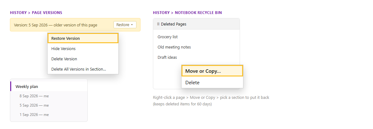 เมนู Page Versions ใน OneNote แสดงเวอร์ชันเก่าตามวันที่ กับแถบเหลืองที่มีตัวเลือก Restore Version และ Notebook Recycle Bin
