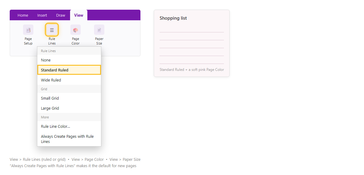 แท็บ View ใน OneNote กับเมนู Rule Lines เลือกแบบเส้นและตาราง ปุ่ม Page Color และ Paper Size พร้อมหน้าตัวอย่างที่มีเส้นบรรทัดและพื้นสีชมพูอ่อน