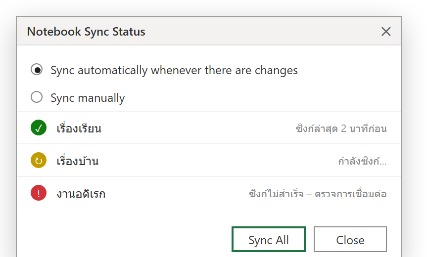 กล่อง Notebook Sync Status ของ OneNote แสดงสมุดที่ซิงก์แล้ว (ติ๊กเขียว) กำลังซิงก์ (สีเหลือง) และซิงก์ไม่สำเร็จ (สีแดง)