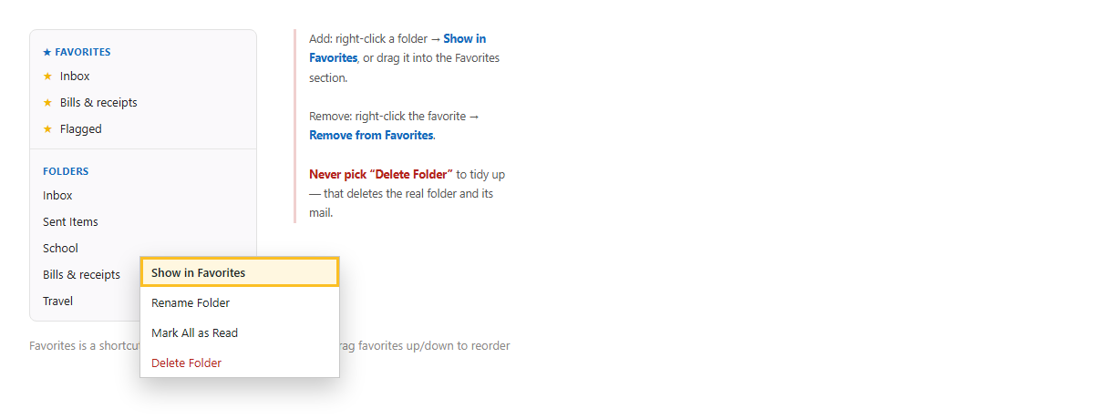 แถบโฟลเดอร์ Outlook มีส่วน Favorites บนสุด และเมนูคลิกขวาที่โฟลเดอร์เลือก Show in Favorites โดยมี Delete Folder เป็นตัวเลือกอันตราย