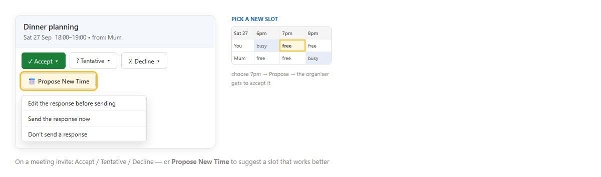 อีเมลนัดใน Outlook มีปุ่ม Accept Tentative Decline และ Propose New Time พร้อมเมนูย่อยและตารางเลือกช่องเวลาใหม่ที่ทั้งสองฝ่ายว่าง