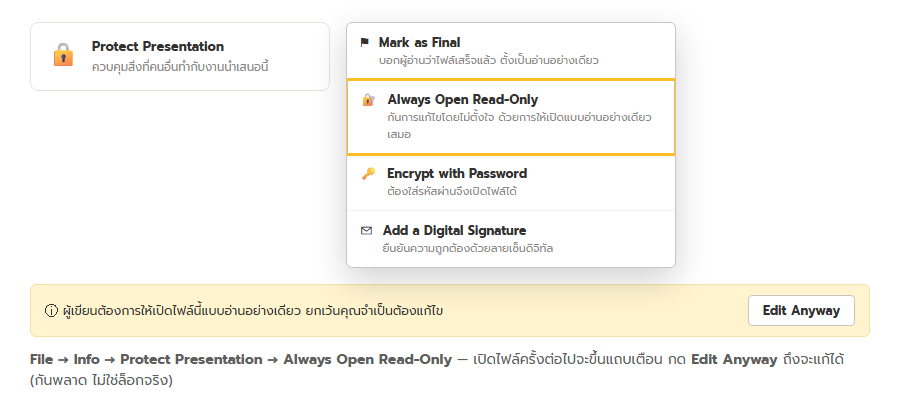 เมนู Protect Presentation ใน PowerPoint แสดง Mark as Final, Always Open Read-Only, Encrypt with Password, Add a Digital Signature พร้อมแถบเตือนตอนเปิดไฟล์ให้กด Edit Anyway