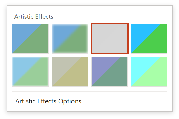 เมนู Artistic Effects ใน PowerPoint แสดงตัวอย่างเอฟเฟกต์แบบต่างๆ เช่น เบลอ สเก็ตช์ดินสอ สีน้ำ และลิงก์ Artistic Effects Options