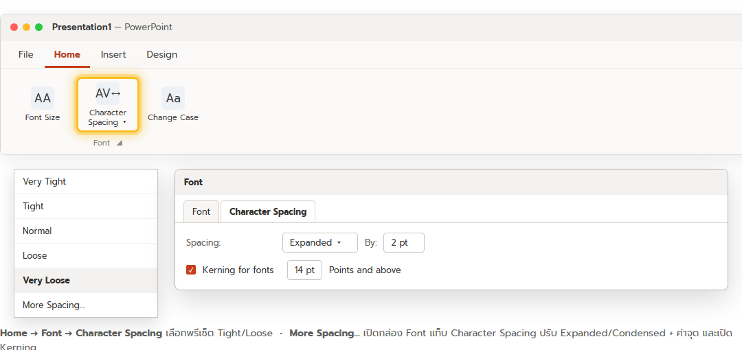 แท็บ Home ใน PowerPoint ปุ่ม Character Spacing เปิดเมนูพรีเซ็ต Very Tight ถึง Very Loose และกล่อง Font แท็บ Character Spacing ที่ตั้ง Spacing เป็น Expanded By 2 pt พร้อม Kerning