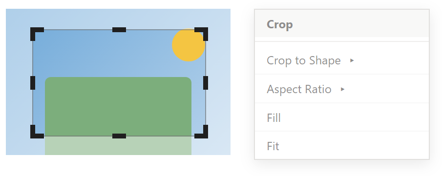 รูปใน PowerPoint อยู่ในโหมด Crop มีที่จับสีดำรอบรูป และเมนู Crop แสดง Crop to Shape, Aspect Ratio, Fill, Fit