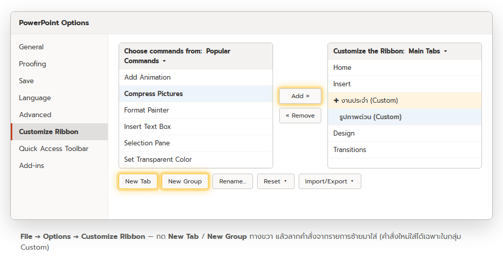 หน้าต่าง PowerPoint Options หมวด Customize Ribbon แสดงรายการคำสั่งด้านซ้าย โครงสร้างแท็บด้านขวา และปุ่ม New Tab New Group Rename