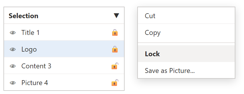 Selection Pane ใน PowerPoint แสดงไอคอนแม่กุญแจล็อกวัตถุ Title กับ Logo และเมนูคลิกขวามีคำสั่ง Lock