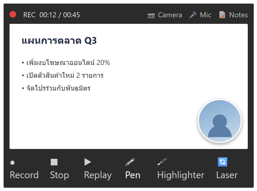 หน้า Record Slide Show ของ PowerPoint แสดงตัวจับเวลา REC หน้ากล้องมุมขวาล่าง และปุ่ม Record, Stop, Replay, Pen, Highlighter, Laser
