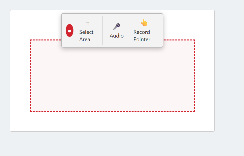 แถบควบคุม Screen Recording ของ PowerPoint มีปุ่ม Select Area, Audio, Record Pointer และ Record พร้อมกรอบเส้นประแดงรอบพื้นที่ที่จะอัด