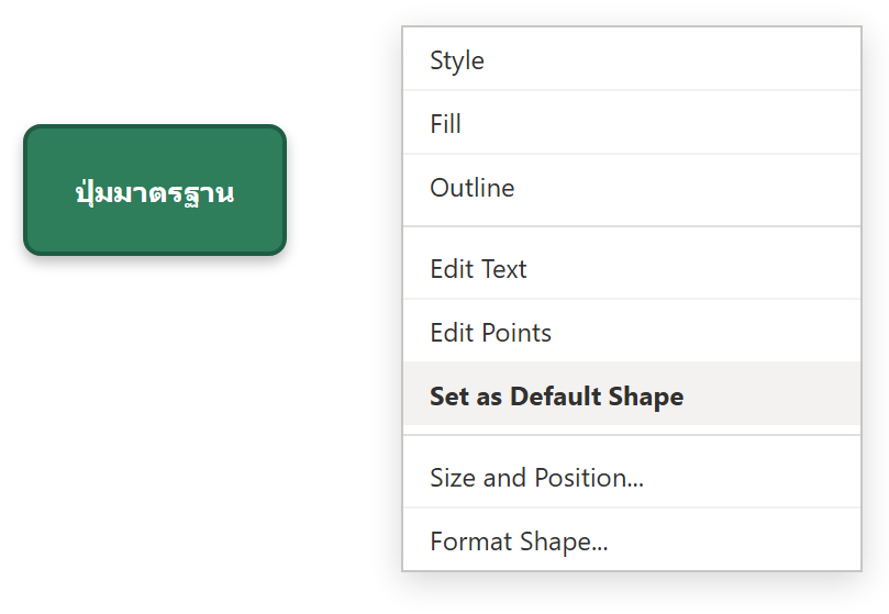 เมนูคลิกขวาที่รูปทรงใน PowerPoint มีคำสั่ง Set as Default Shape ถูกไฮไลต์