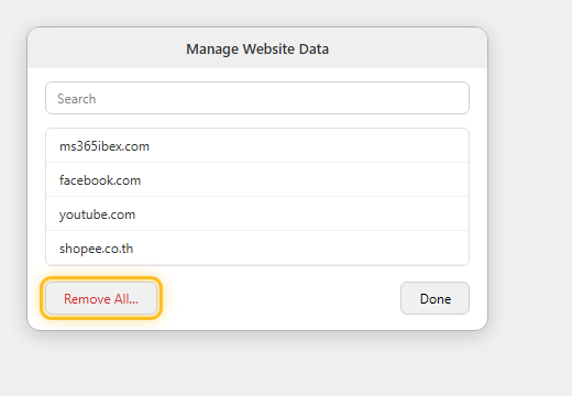 หน้าต่าง Manage Website Data ใน Safari กด Remove All เพื่อล้างคุกกี้ทั้งหมด