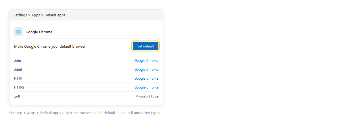 Settings Apps Default apps เลือก Google Chrome แล้วกดปุ่ม Set default ข้าง Make Google Chrome your default browser พร้อมรายการชนิดไฟล์