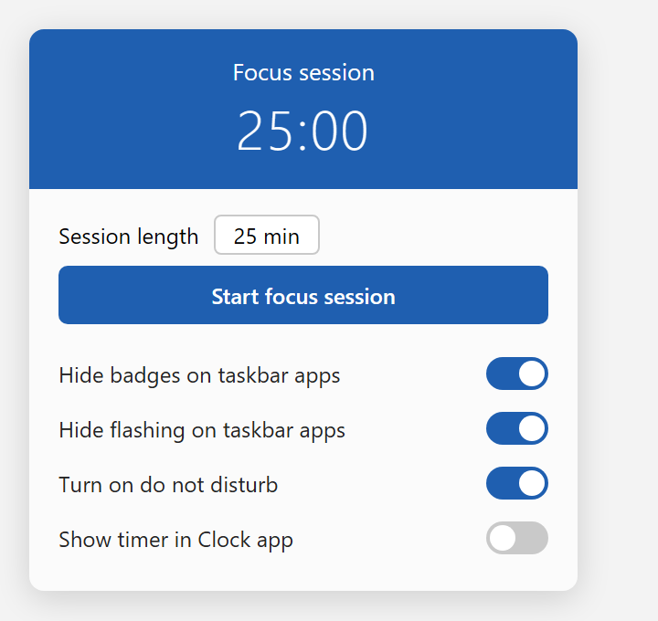 แผง Focus session ใน Windows 11 มีตัวจับเวลา 25:00, Session length, ปุ่ม Start focus session และสวิตช์ Hide badges, Turn on do not disturb
