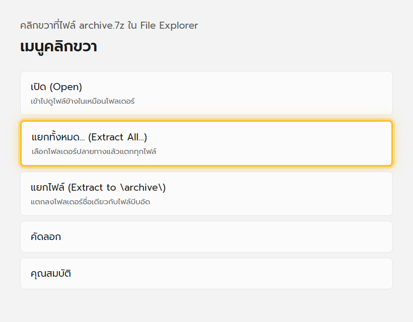 เมนูคลิกขวาบนไฟล์ .7z ใน File Explorer ของ Windows 11 แสดงคำสั่งแยกทั้งหมดและแยกไฟล์