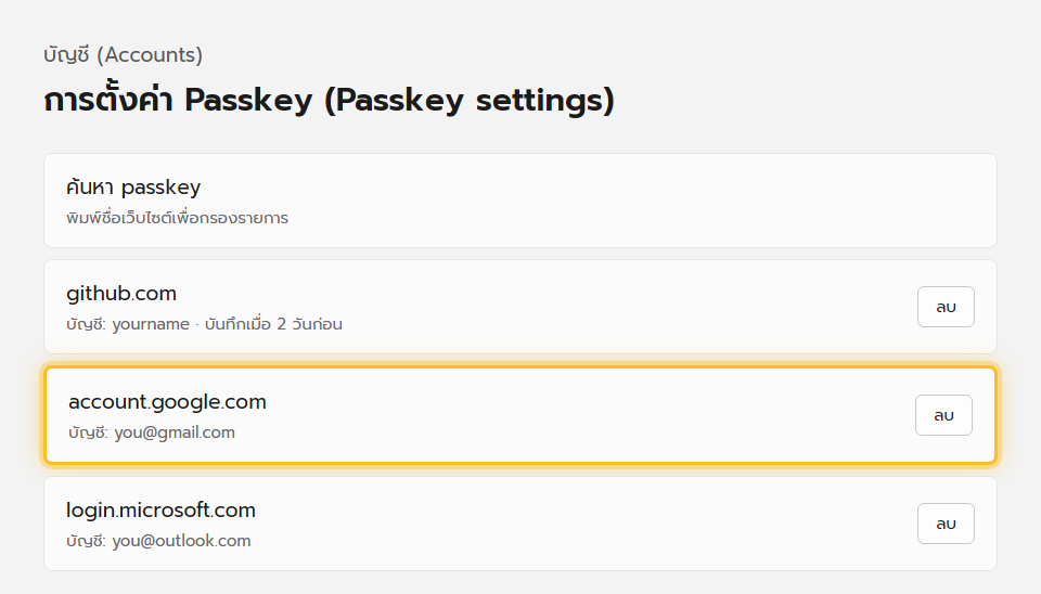 หน้าการตั้งค่า Passkey ใน Windows 11 แสดงรายการ passkey ที่บันทึกไว้แยกตามเว็บไซต์ พร้อมปุ่มลบ