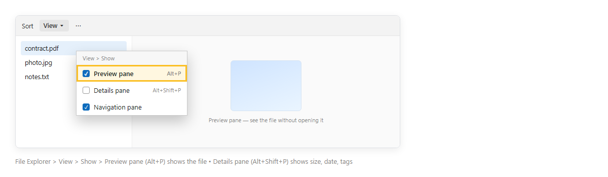 File Explorer เปิด View > Show ติ๊ก Preview pane มีบานขวาแสดงเนื้อไฟล์ที่เลือก พร้อมคีย์ลัด Alt+P และ Alt+Shift+P” /></p>
<p><em>ภาพจำลอง: Preview pane แสดงเนื้อไฟล์ที่เลือกทางบานขวา</em></p>
<h2>พรีวิวไฟล์อะไรได้บ้าง</h2>
<div class=